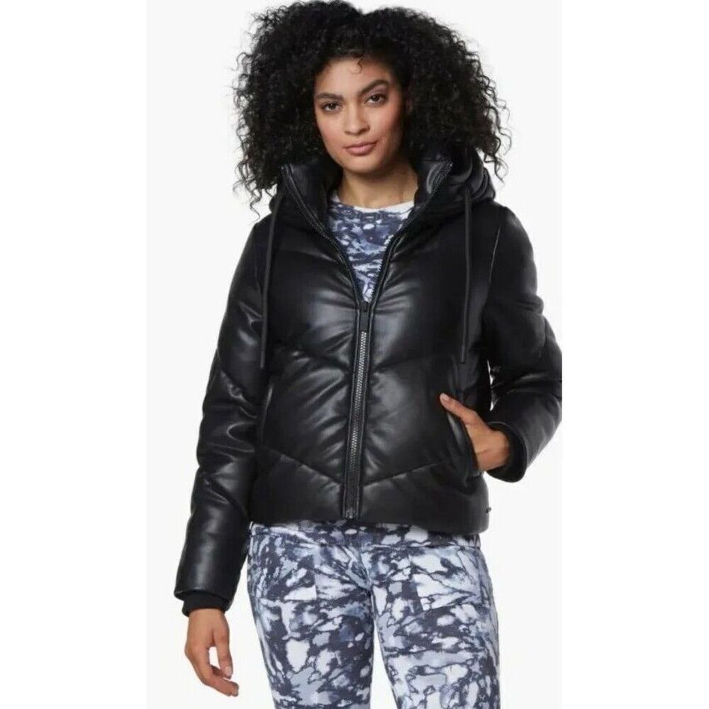 Andrew Marc Performance Hooded Puffer Faux Leather Jacket Coat Size 1X NWT